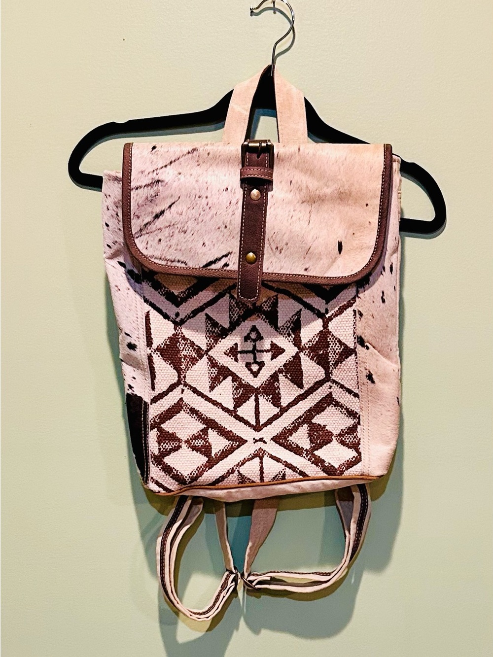Clea Ray Boho Patterned Canvas Backpack with Leather Trim and Cowhide